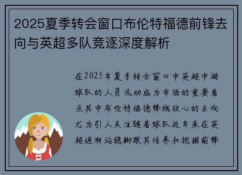 2025夏季转会窗口布伦特福德前锋去向与英超多队竞逐深度解析 2025夏季转会窗口布伦特福德前锋去向与英超多队竞逐深度解析