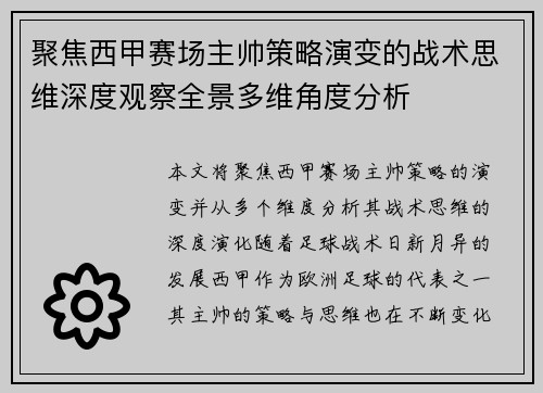 聚焦西甲赛场主帅策略演变的战术思维深度观察全景多维角度分析