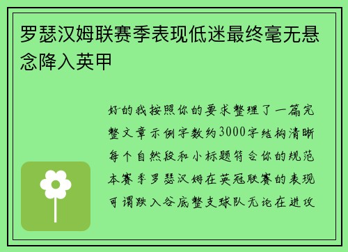 罗瑟汉姆联赛季表现低迷最终毫无悬念降入英甲
