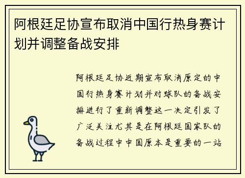 阿根廷足协宣布取消中国行热身赛计划并调整备战安排