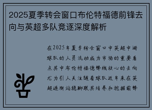 2025夏季转会窗口布伦特福德前锋去向与英超多队竞逐深度解析